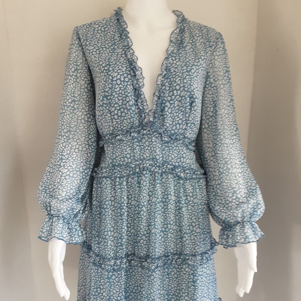 PLUS SZ XL ROMANTIC FRILLY BABY BLUE CUT OUT BACK SEXY DEEP V-NECK DRESS